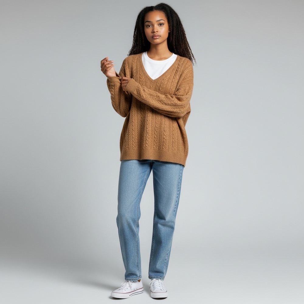 J. Crew Camel Cable Knit V Neck Cashmere Sweater Size Medium - Picture 2 of 8